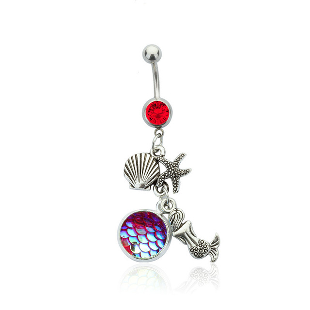 Body Piercing Jewelry with Silver Color Red Crystal Rainbow Scales Mermaid  Shaped Dangle Belly Button Ring for Unisex
