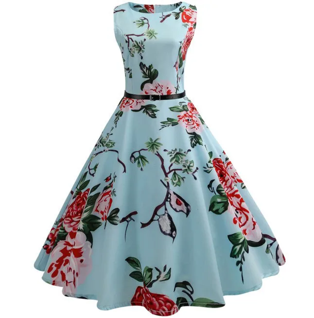 Summer Womens Dresses 2021 Casual Floral Retro Vintage 50s 60s Robe Rockabilly Swing Pinup Vestidos Valentines Day Party Dress