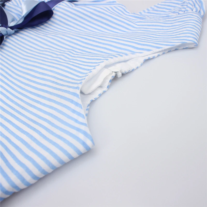 New Toddler Kids Baby Girls Clothes Stripe Floral Embroidery Party Princess Dress Blue Kid Baby Girls Dress Short Sleeve V9# (6)