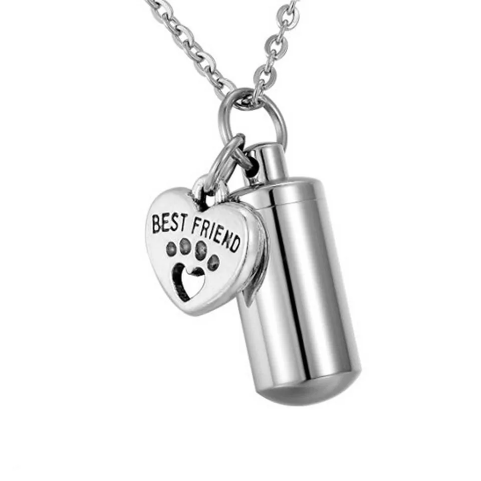 

Cremation jewelry Cylindrical Bottle with Pet Paw Print Necklace Memorial Urn Pendant for ashes