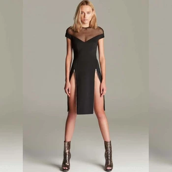 

2019 Black Hollow Out Zipper Short Sleeve Bandage Dress O Neck Split Elegant Fashion Solid Mesh Summer Sexy Party Celebrity