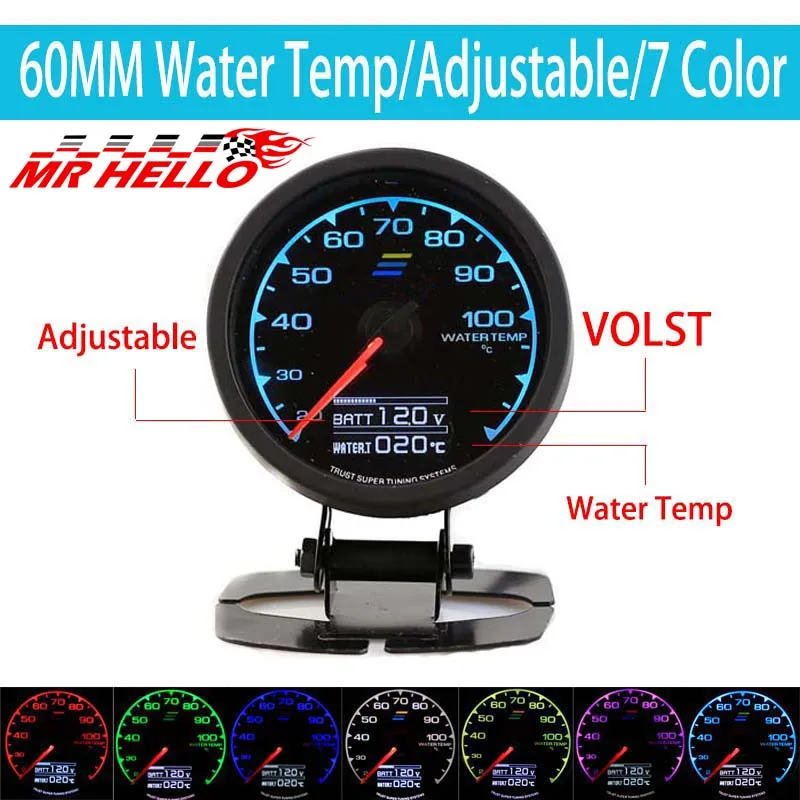 

Grd Gauge GReddi Water Temp Gauge 7 Light Colors LCD Display With Voltage Meter Racing Gauge 62mm 2.5 Inch With Sensor