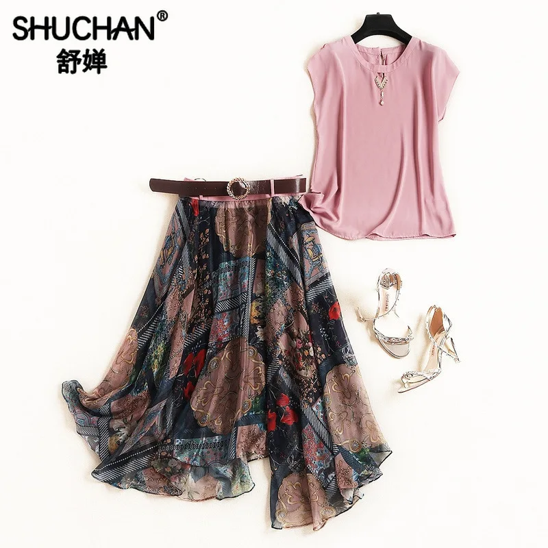 

Shuchan 2 Piece Set Women Vintage Skirts Woman Fashion 2019 Vest+print Irregular Skirts To Knee-Length Women Sets Clothes 11980