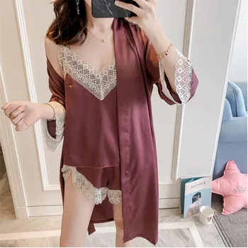 

Fashion 3Pcs Sexy Lingerie Fashion Women's Sexy Sleepwear Nightgown Bandage Lace Silk Pajama Summer Pyjamas Women