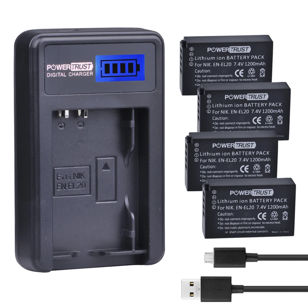 4Pcs 1200mAh EN EL20 EN EL20 ENEL20 Camera Battery + LCD USB Charger