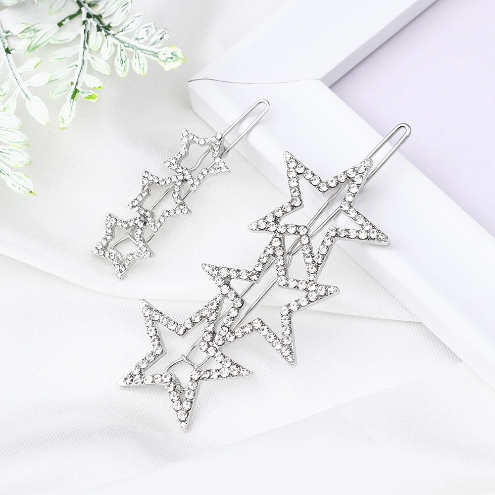 

Chic Luxury Hollow Star Hair Clips for Women Crystal Rhinestones Pentagram Geometric Hairpin Women Bridal Hair Jewelry