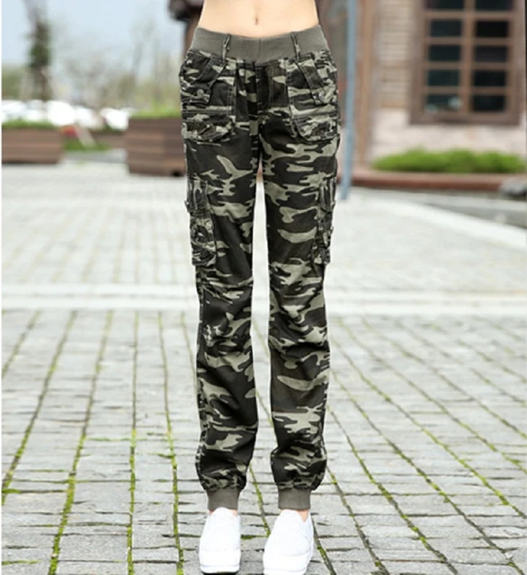 Pantalones Cargo caqui para informal con bolsillo de combate, moda del ejército, pantalones de camuflaje para mujer - AliExpress