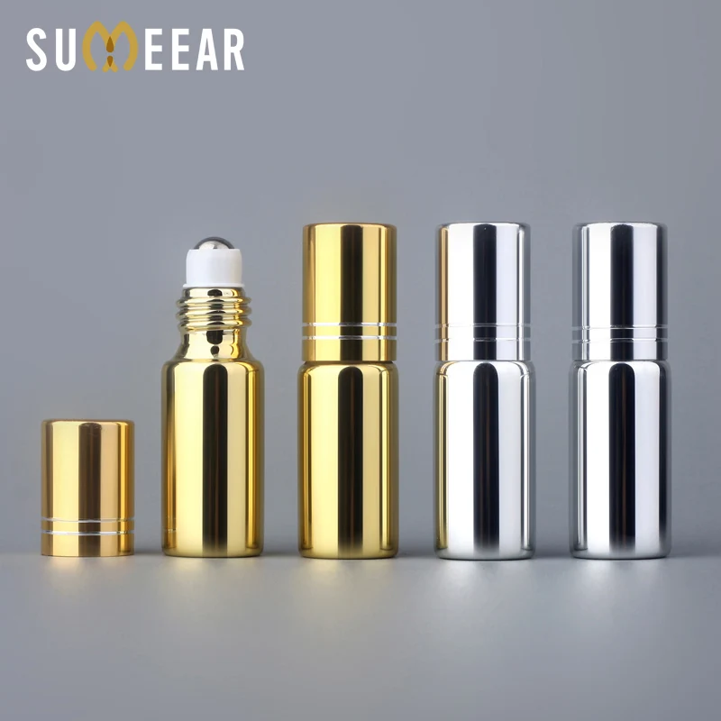 

50Pcs/Lot 5ml Mini Empty Portable Essential Oil Bottles Steel Ball Roller Bottles gold silver UV Glass Refillable Perfume Bottle