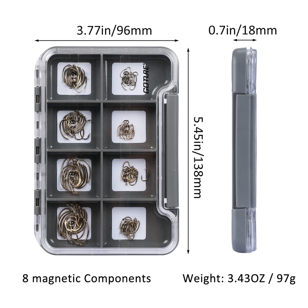 Goture 120 шт. Высокоуглеродистая Сталь Крючки для ловли нахлыстом сухие/Нимфа крюк для завязывания мух с водонепроницаемыми магнитными компонентами коробка