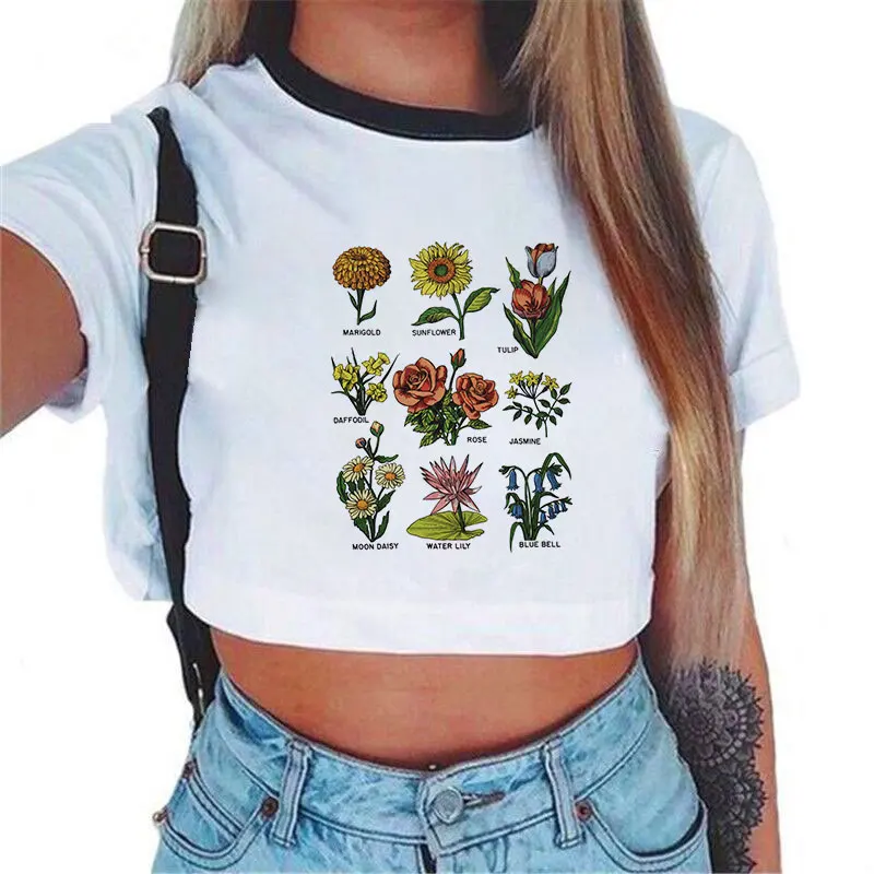 

Sexy Floral Print T Shirt Womens Harajuku Sunshine Plant These Crop Top Women T-shirt Short Sleeve 90s Fashion Cropped Tops Tees