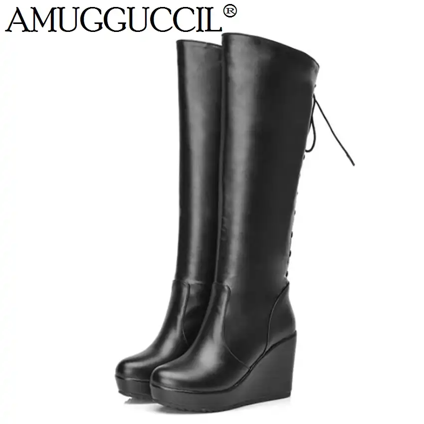 ladies black leather wedge boots
