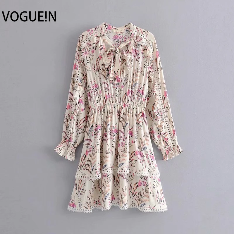

VOGUEIN New Womens Beach Boho Floral Print Hollow Long Sleeve Ruffled Bow Mini Dress Wholesale