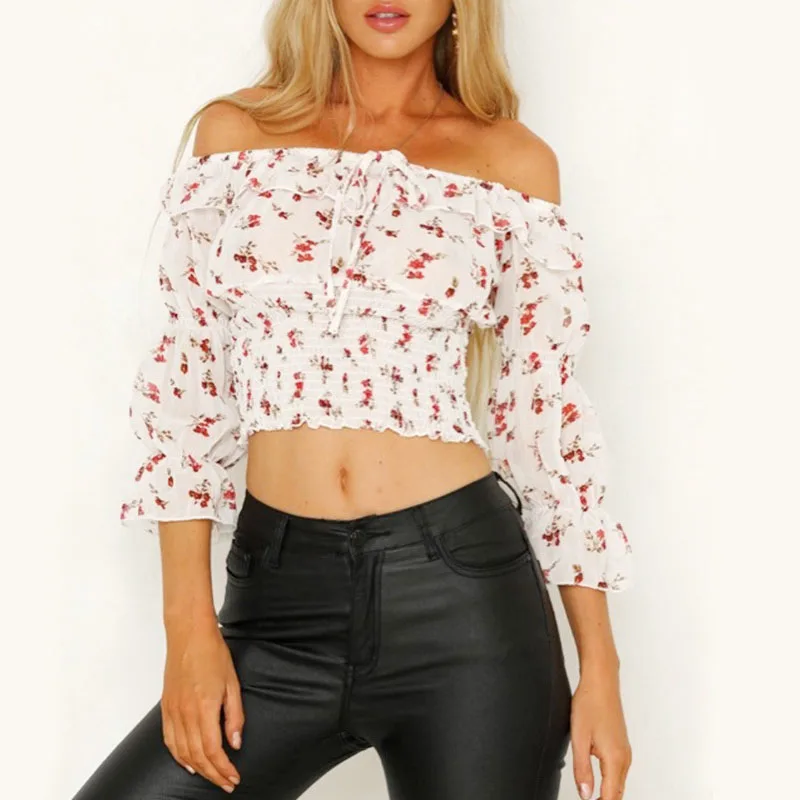 

Woman's Slash Neck ruffles Crop Top Tee Shirt Red Flower Printed Butterfly Sleeve Short Fitness Skinny Tight Vest Tops