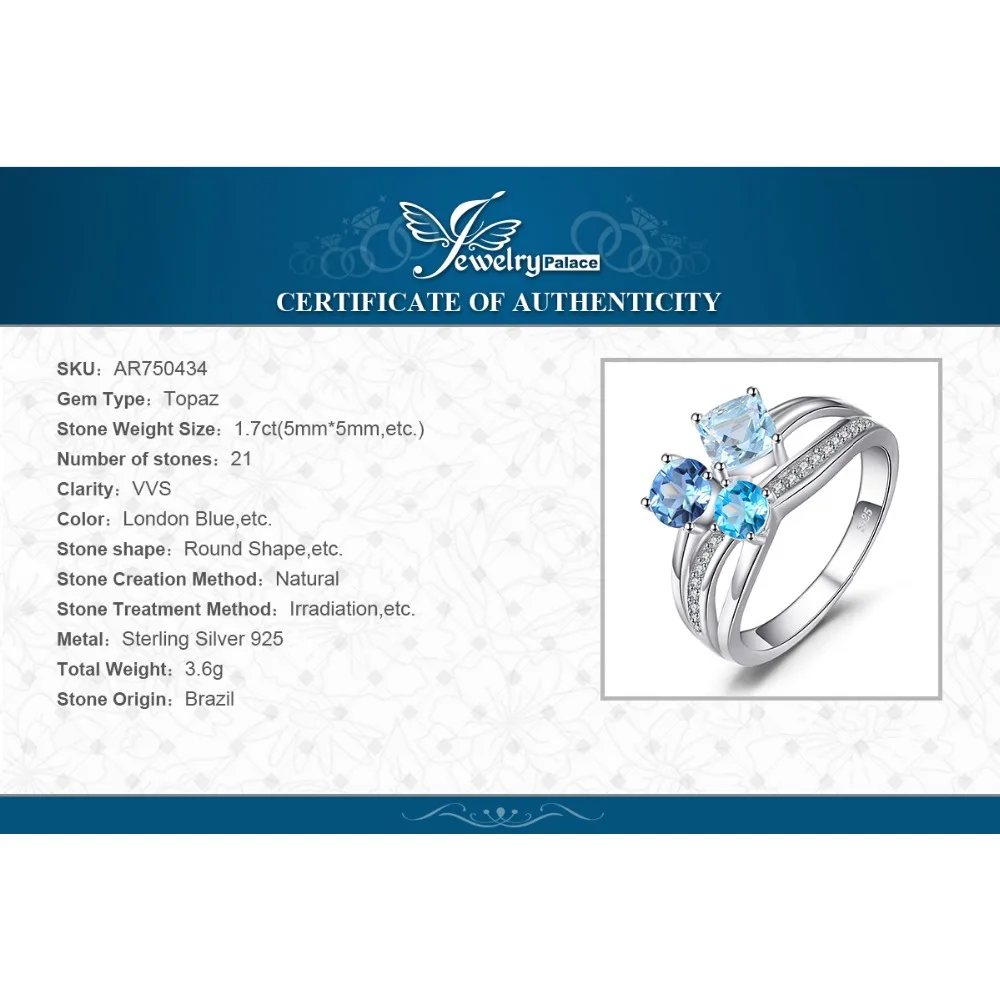 JewelryPalace 1.7ct Оригинальные Мульти Лондон Голубой Топаз 3 Камней Кольцо Подлинная Стерлингового Серебра 925 Ювелирных Изделий Для Женщин Партии Подарок