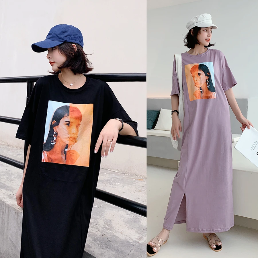 

Summer Beauty Print Long T shirt Dresses Women Plus Size Side Split Short Sleeve Maxi Dresses 2019 Casual Female Vestidos Robe