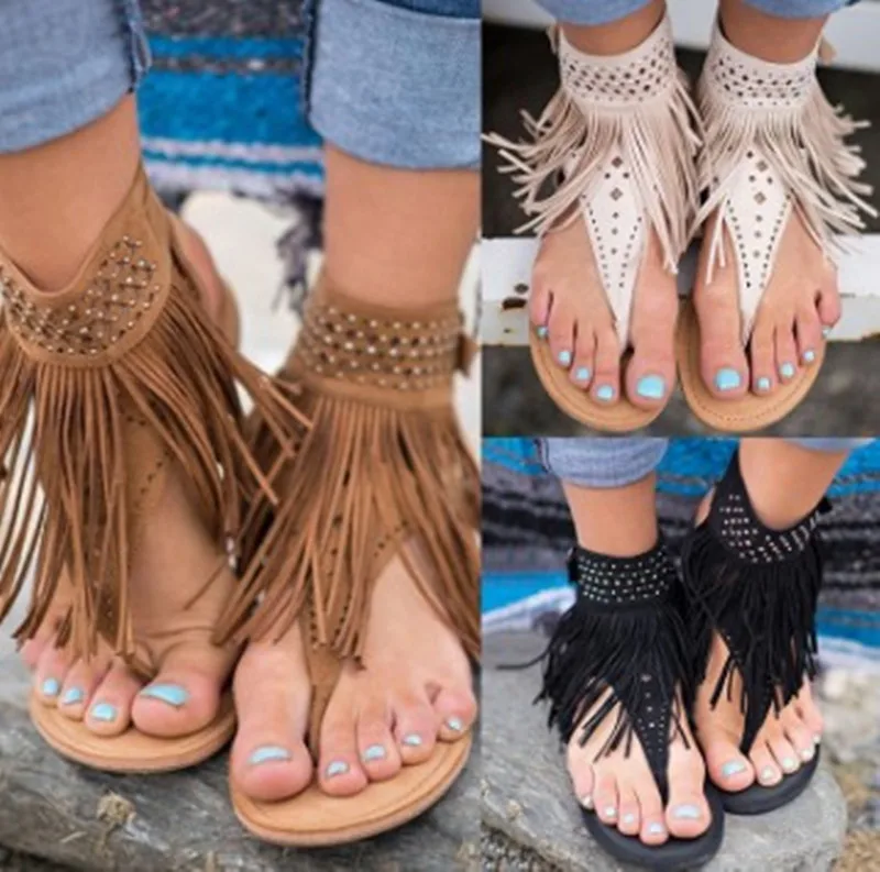 

18 Summer Women's Fringe Toe Diamond Character Drag Flat Bottom Sandals Female Shoes Bandage Flat Hollow Roman Sandals for Girl