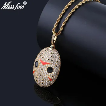 

MISSFOX Hip Hop Chainsaw Red V Shape Pendant Necklace 24K Gold Plated AAA Cubic Zirconia Nightmare Before Christmas Nacklace
