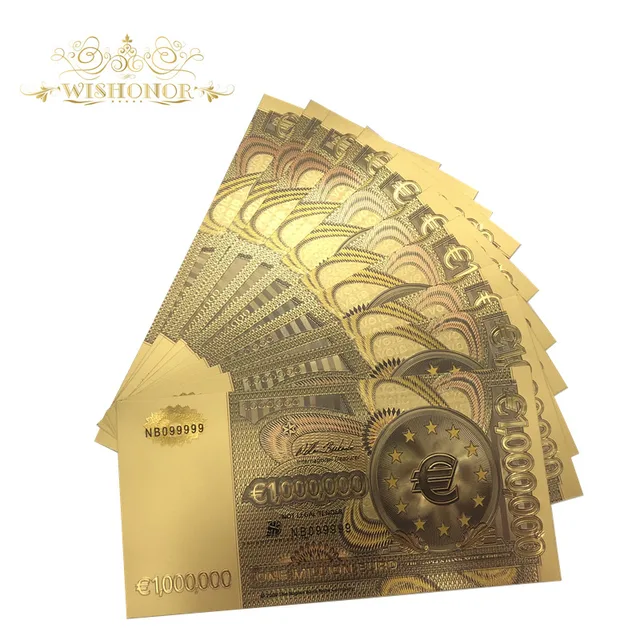10 unids/lote billete europeo colorido 1 millón de Euro billete en 24K papel de oro dinero falso para regalos 10 unids/lote billete europeo colorido 1 millón de Euro billete en 24K papel de oro dinero falso para regalos