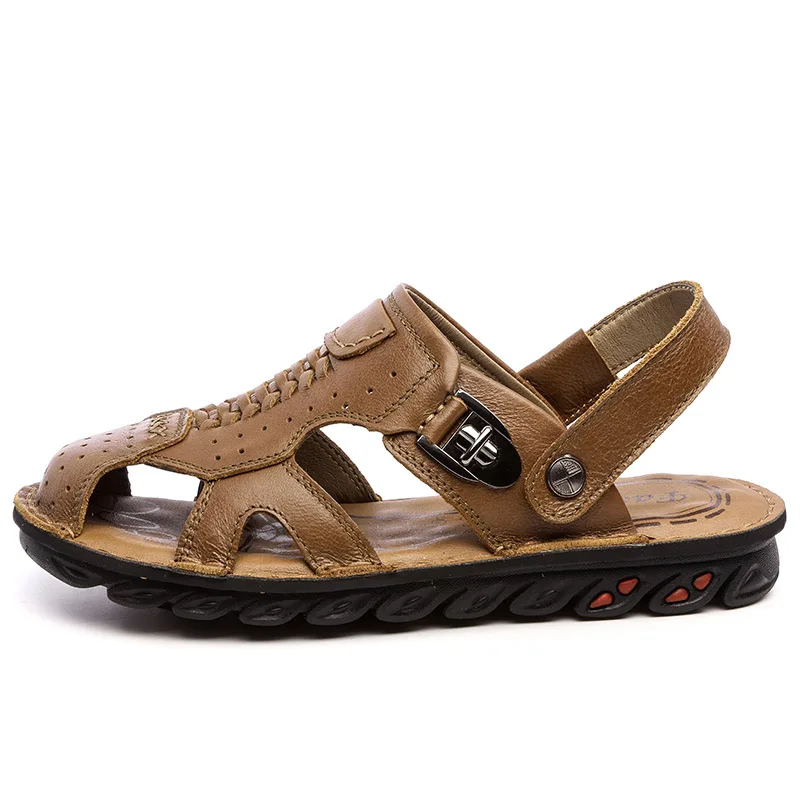 Gomnead/Лидер продаж; летние мужские сандалии из натуральной кожи; качественные пляжные сандалии для отдыха; классный светильник; прогулочная обувь; размеры 38-44 - Цвет: Темный хаки