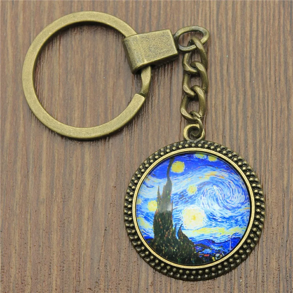 

2 Colors 25mm Van Gogh The Starry Night Glass Cabochon Keychain For Women 2019 Fashion Jewelry Accessories