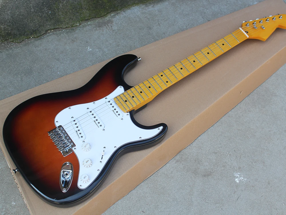 

Wholesale Tobacco Sunburst Electric Guitar with White Pickguard,Yellow Maple Fretboard/Headstock,offering customized services