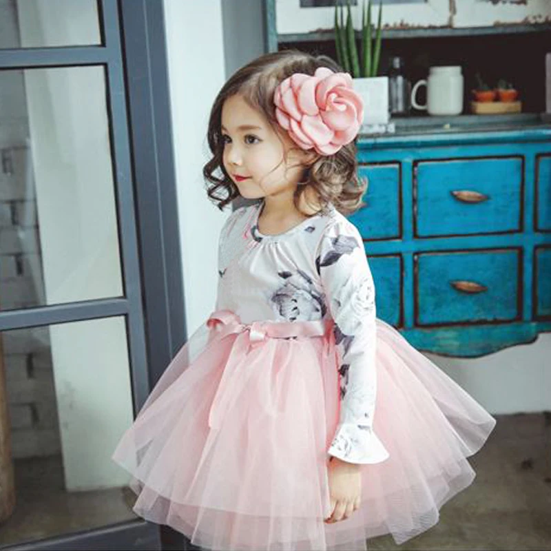 Платья с цветочным рисунком и длинными рукавами Повседневное детское платье для девочек Милая школьная одежда для детей бальное платье-пачка для детей возрастом от 3 до 8 лет