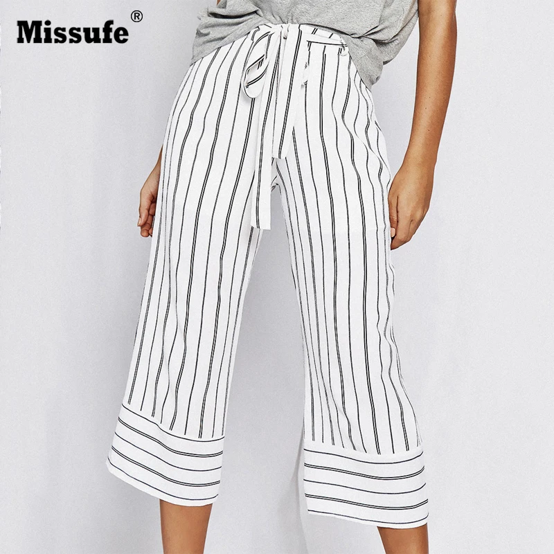 Missufe Fashion Sashes Ankle Length Pants Off Lady Wide Leg Casual