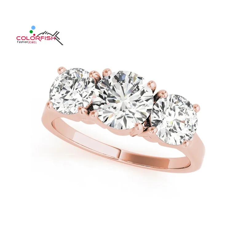 COLORFISH Round Three Stone 2.63 ct Rose Gold Filled 925 Sterling Silver SONA Synthetic Engagement Ring Wedding Band For Women