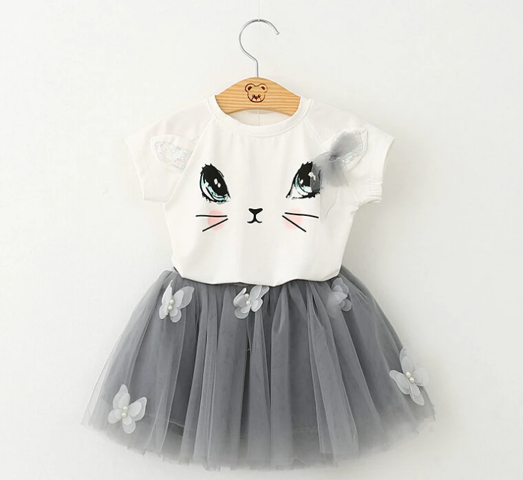 

Children Girls Clothing Sets 2016 Summer 2PCS Casual Cotton Cat Pattern T-shirts Kids Voile Butterfly Appliques Skirts 5sets/LOT