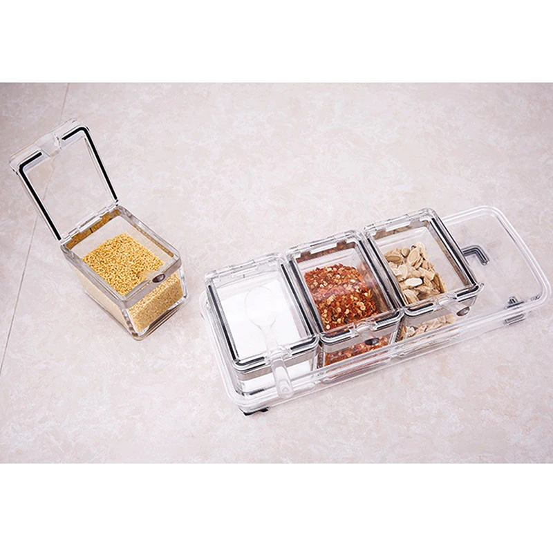 Clear Transparent Kitchen Supplies Spice Jar With Spoon Rack Herb Storage Seasoning Bottle 4pcs/Set Condiment Tools Utensils