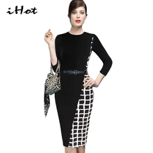 High Street Elegant Women 3 4sleeve Bodycon Work Wear Tartan Print Tunic Dress Casual Female Formal