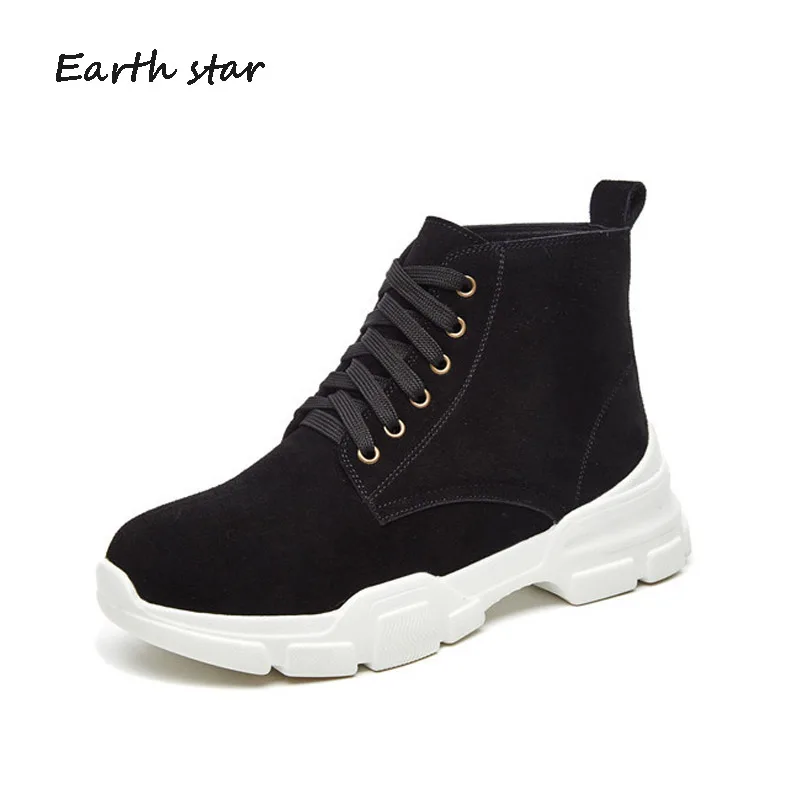 

EARTH STAR Real Leather Black Shoes Women Fashion Brand Martin Boots Lady chaussure Cross-tied Autumn Female footware Quality