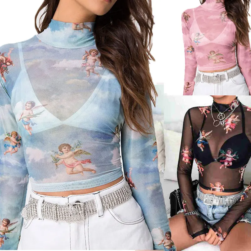 

2019Fashion Women Angel Printed See-through Sheer Mesh Fishnet Top T-Shirt Crop Cute Female Summer Ladies Mesh Tops