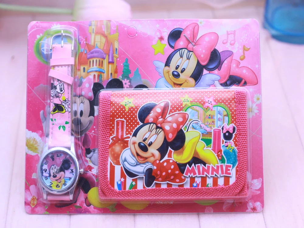 New Children Cartoon Wallet Watch Set Minnie Watches Students Birthday Gifts Quartz Leather Clock