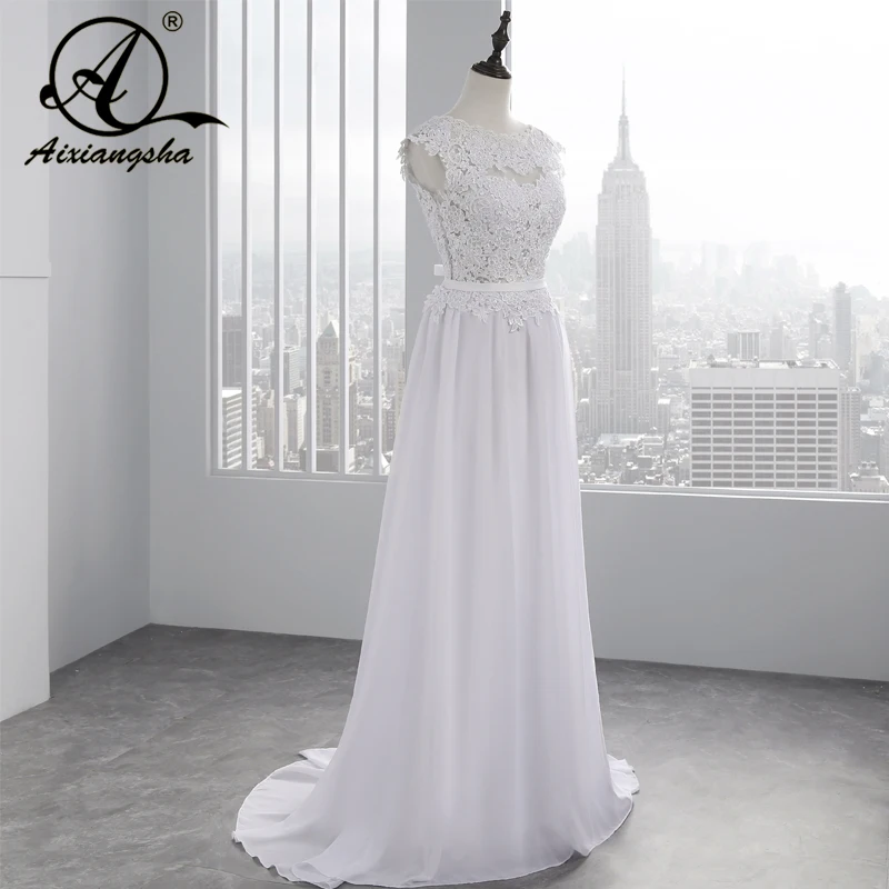 Skup 2018 Hot sprzedaży Custom Made linia suknie ślubne Vestido de Noiva Casamento szyfonowa koronkowa przepuszczalność sukienka bez pleców De Mariage