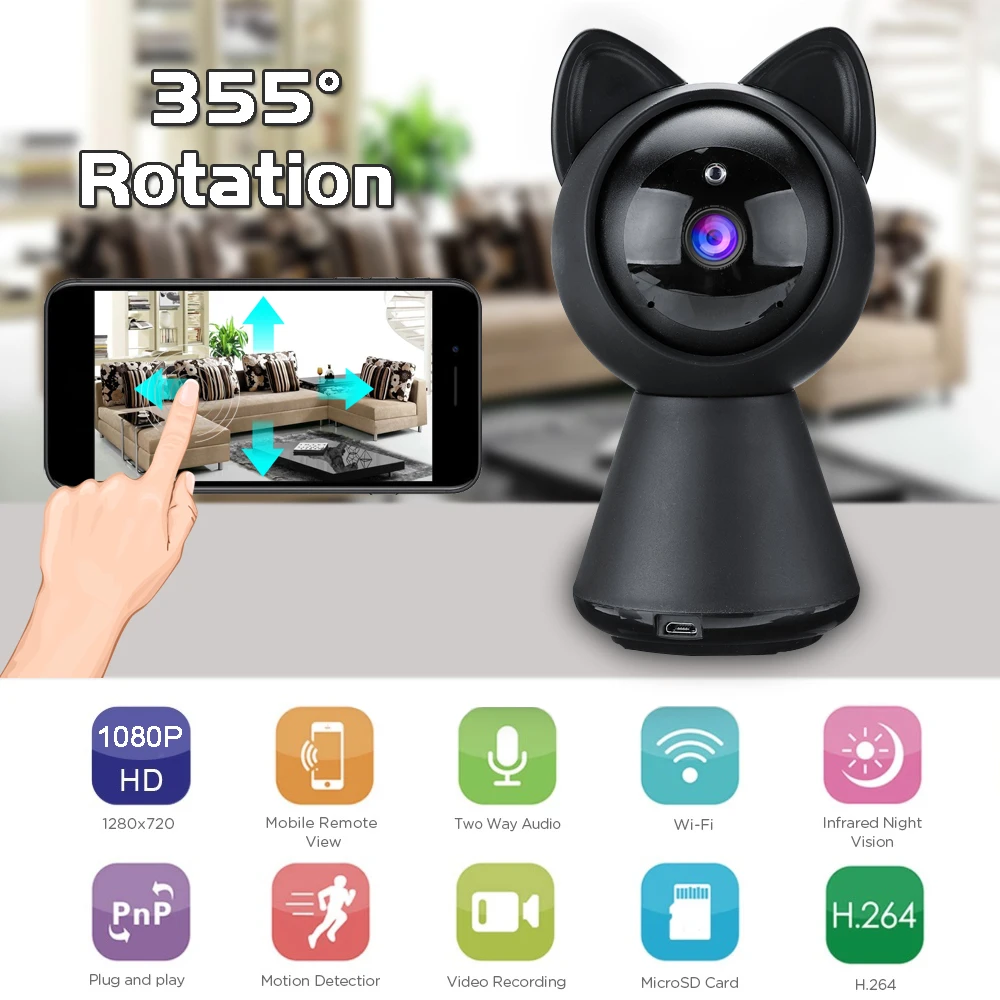 

1080P HD Home Security IP Camera Wi-Fi Wireless 355Degree Horizontal Rotation Network Camera Surveillance for Phone Control