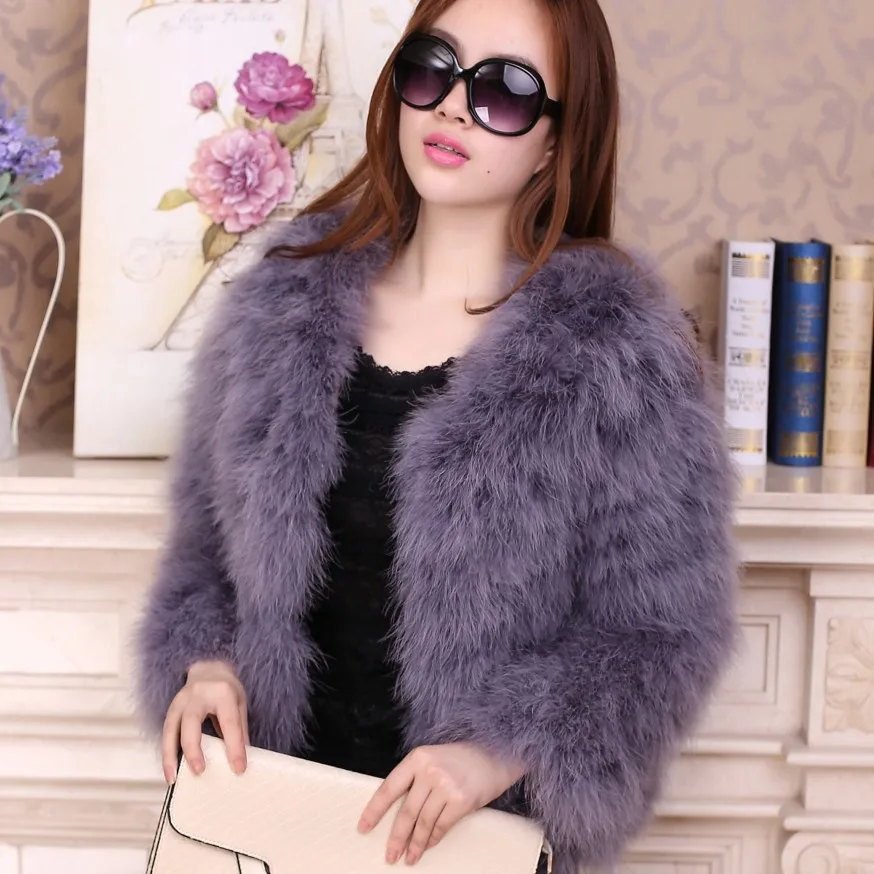 Женские модные меховые пальто, зимние меховые куртки из натурального меха страуса, пушистая верхняя одежда из натурального меха индейки - Цвет: Purple gray