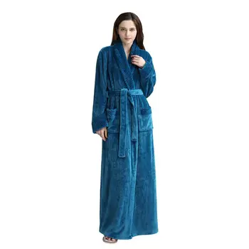 

Women Fashion Autumn Winter Bathrobe Waffle Design Flannel Stitching Long Nightgown Lace up Solid Color Robes