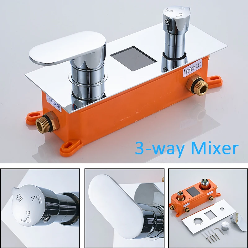 quyanre wanfan brass led shower faucet kit led brass rainfall shower head with lcd digital screen digital display waterfall spout with handshower bathroom shower kit2