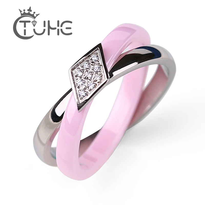 

New Design Crystal Rhombus Ring Double Circle 3mm Pink Ceramic And Stainless Steel Rings Jewelry For Women Girl Anniversary Gift