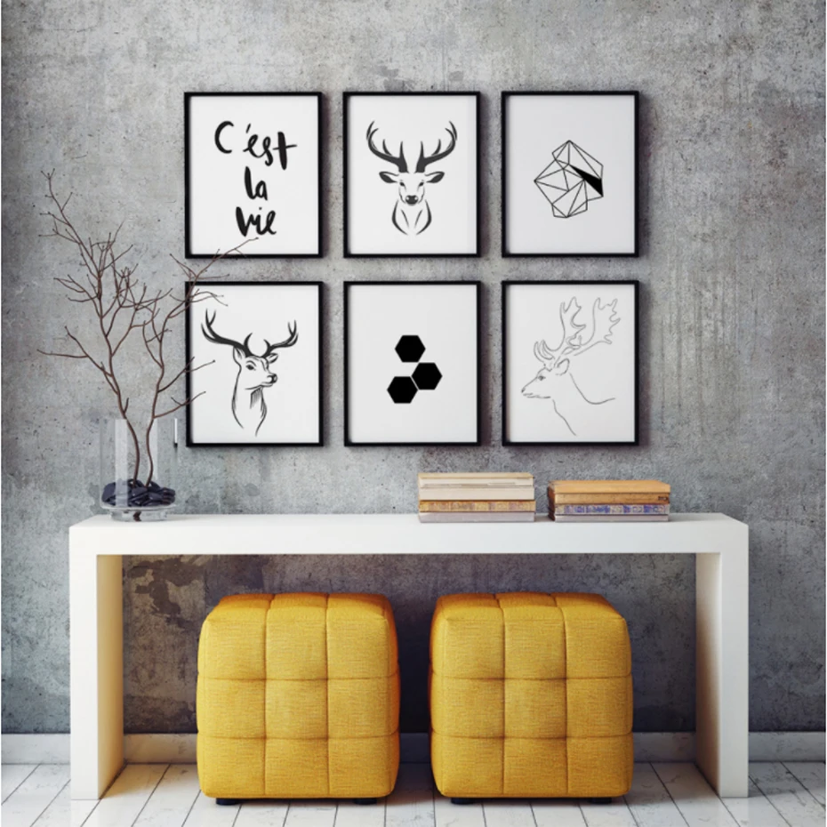 Скандинавский символ оленя Картина на холсте минималистичные черные и белые