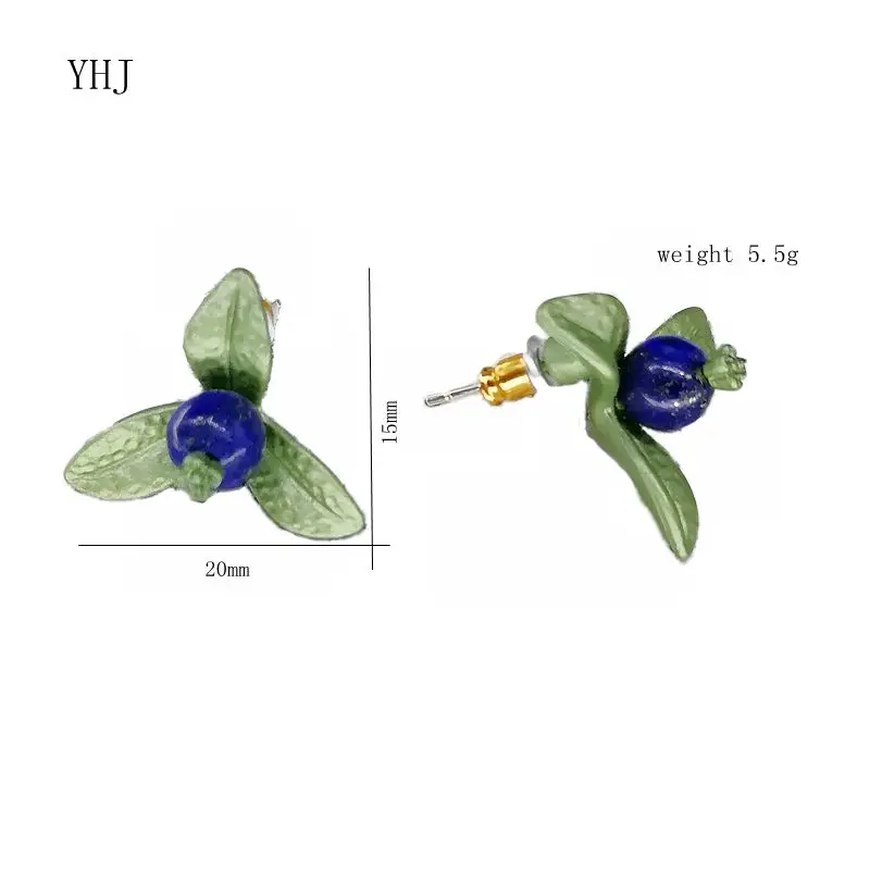 Yhj лак зеленый лист черника цветок синтетический лазурит серебряные серьги иглы леди брошь