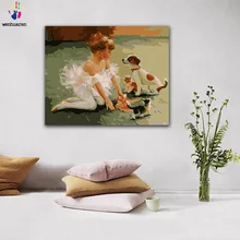 DIY картинки для раскраски по номерам с цветами балет маленькая девочка с изображение щенка Рисование Живопись по номерам в рамке дома