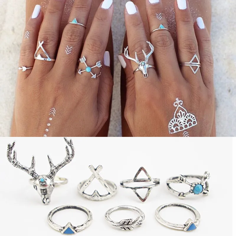 7PCS SET Bohemian Style Vintage Anti Silver Color Rings turquoise deer Fawn geometry arrow Rings Set for women J-295