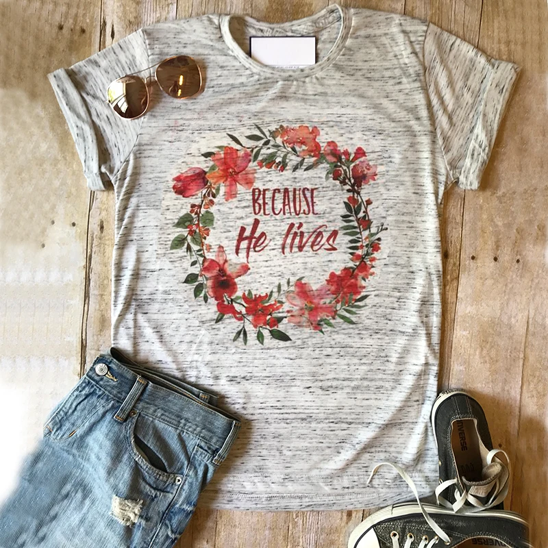 

Easter Shirt Because He Lives T-shirt Mom Tee Christian Top Fashion Plus Size Tops Graphic Tees Pink Casual Print