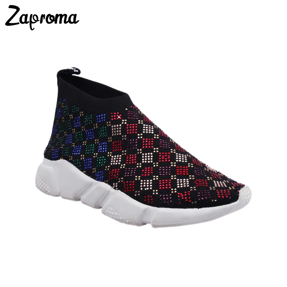 

Comfortable Rainbow Color Crystal Sock Sneakers Knit Casual Flat Black Handmade Women Fashion Rhinestones Shoes Sport 2018