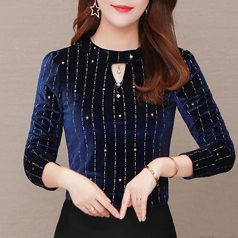 

plus size women tops white blouse women shirts long sleeve velvet striped blouse shirt new fashion womens tops and blouses A603