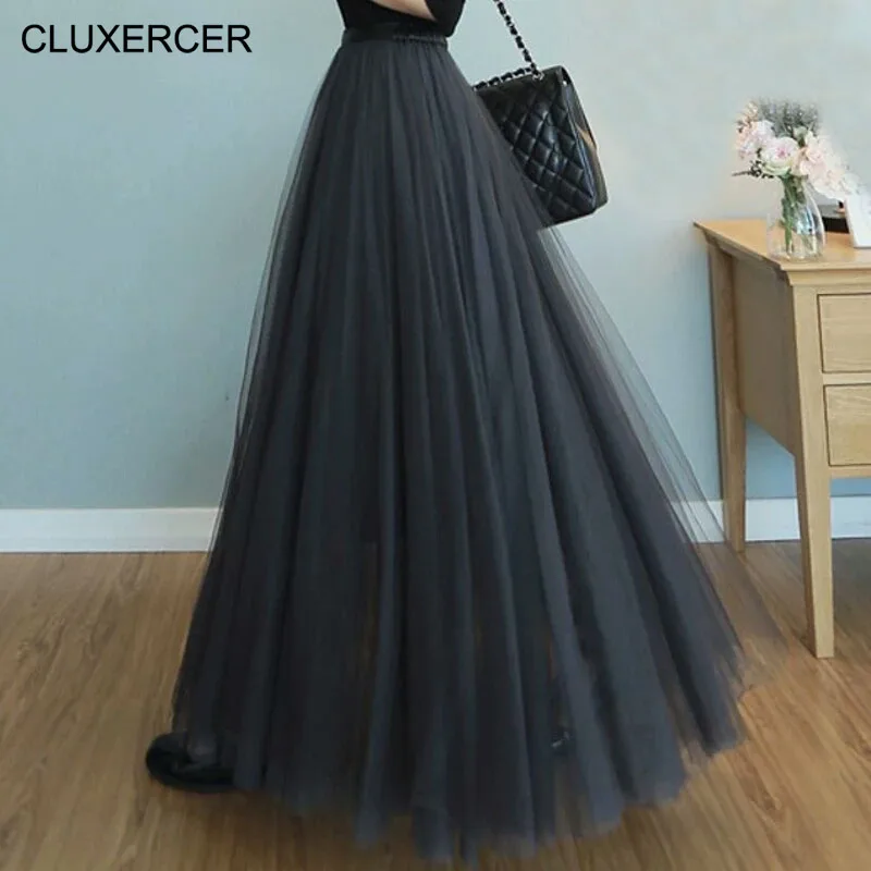 

Spring and summer White Solid High Waist Fashion Long Maxi Tulle Skirts Runway Elegant TuTu Skirt Women