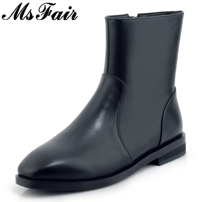 

MsFair Square Toe Low Heel Women Boots Genuine Leather Zipper Ankle Boots Women Shoes 2018 Winter Elegance Sewing Boots Women