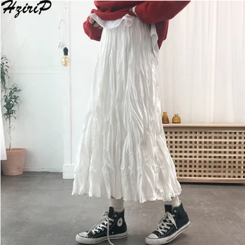 

Hzirip Korean Hot Skirt Women 2019 Spring Summer Mesh High Waist Solid All-Match Long Skirts Loose Pleated Womens Preppy Style